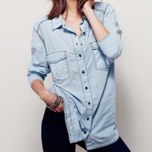 Free People Last Chance Blue Chambray Button-Down Boho Western Shirt